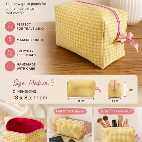 Handmade medium box pouch, pink and yellow