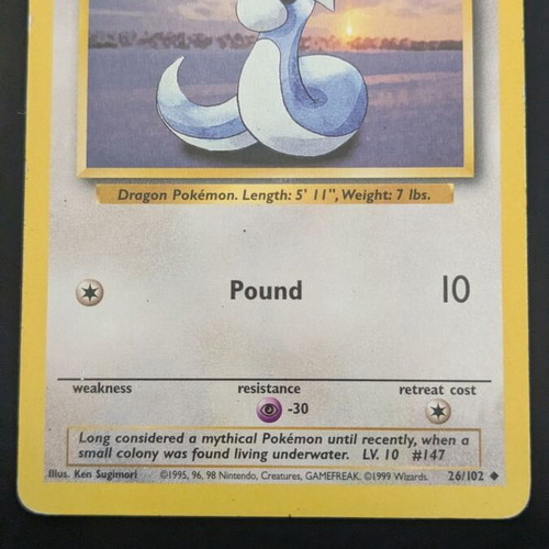 Dratini Pokémon TCG card used, Base Set 26/102