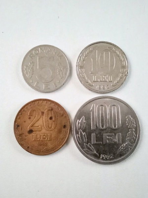 Coins 5, 10, 20, 100 lei 1992 Romania pack like new