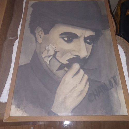 Charlie Chaplin painting like new, hand-painted with signature