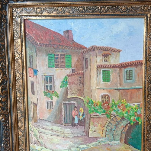 Painting used with traditional village in wooden frame