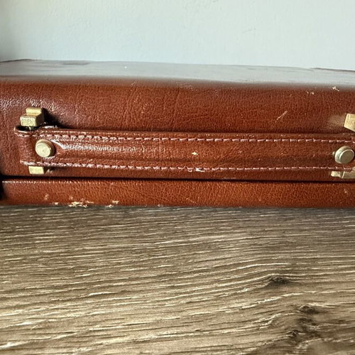 Leather travel grooming and shoe care set used