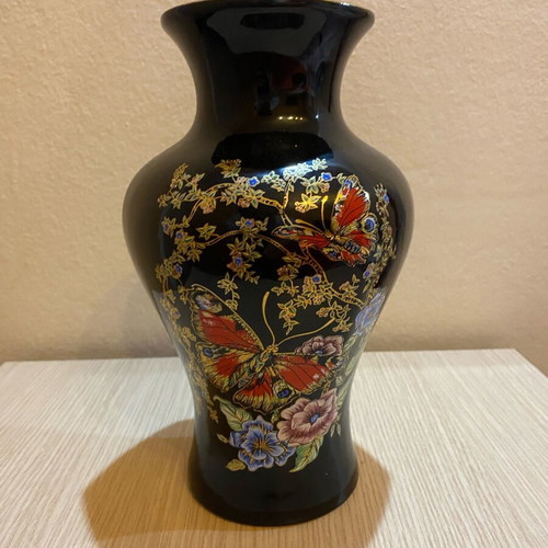 Vintage handmade black vase 24cm with 24K gold and butterflies