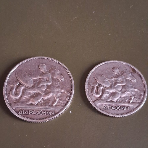 Greek Silver Coins 1911 King George I 1 & 2 Drachmas used
