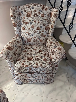 Classic floral bergere armchair with matching footstool