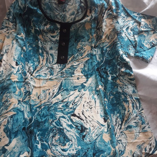 Women's tunic blouse with marble print in blue, turquoise, and beige, like new, XL