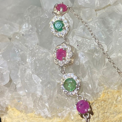 Handmade silver bracelet with natural emerald, ruby and moissanite