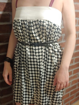Mini dress customized, 100% original, black with ivory polka dots and purple straps