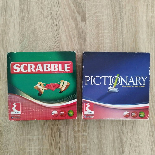 EKO collectible board games Scrabble and Pictionary used, pack of 2