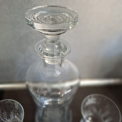 Vintage glass decanter set with stopper and 3 glasses