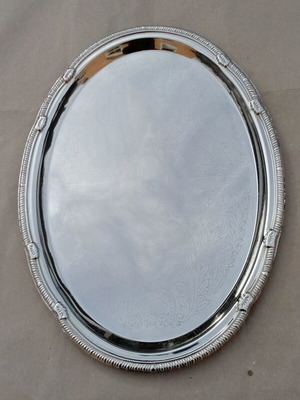 Silver-plated antique tray used, oval with floral design