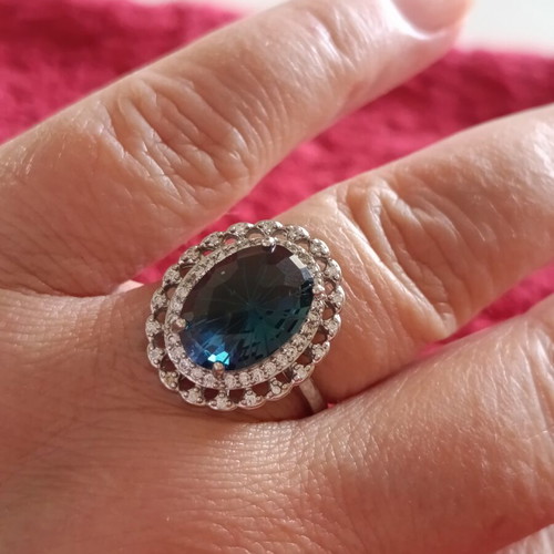 Women's silver ring with large teal moissanite and zirconia, new