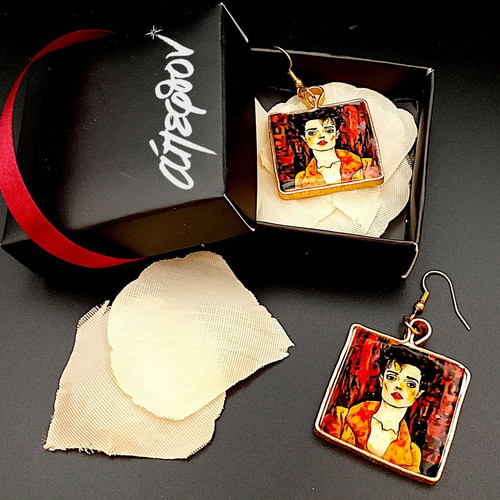 Earrings handmade with Egon Schiele inspired female face art