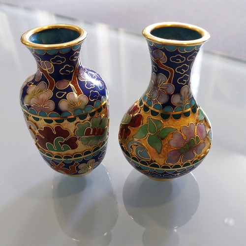 Cloisonné Miniature Vases Pair like new, enamel and bronze