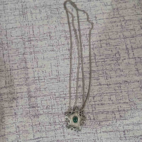 Handmade silver necklace used with double chain and green stone