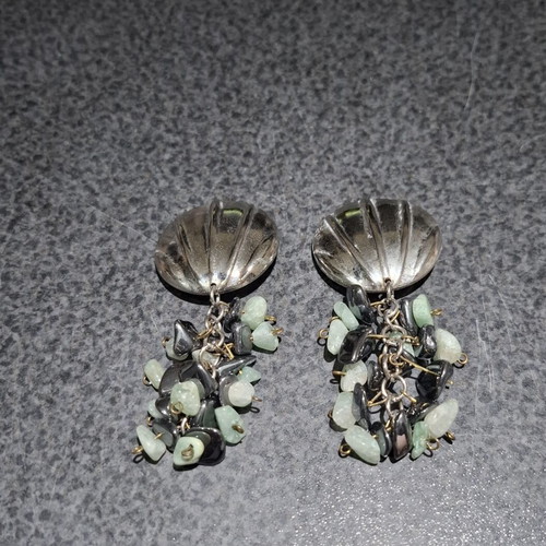 Vintage statement clip-on earrings with shell and semiprecious stones