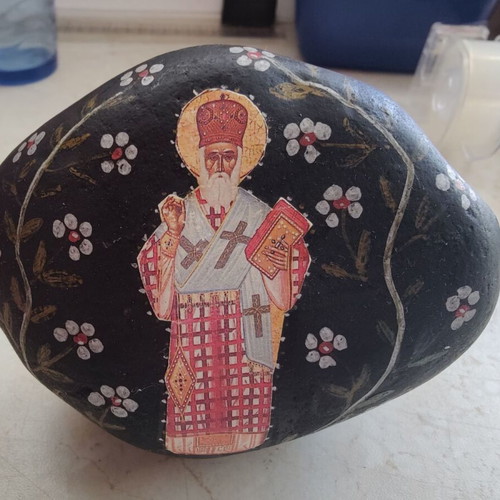 Hand Painted Icon on Stone of Agios Nektarios from Aegina Monastery