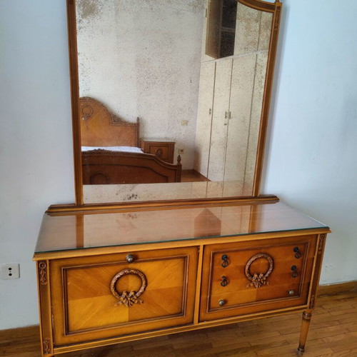 Vintage bedroom set used with dressing table, mirror and nightstands