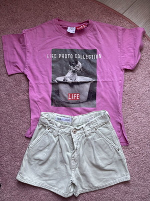 Zara Jean shorts καινούργιο με δώρο T-shirt, μπεζ και ροζ, μέγεθος 122 cm