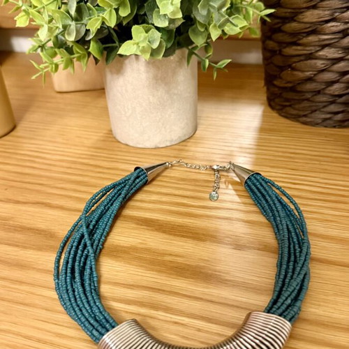 Statement necklace petrol with beads and silver metal detail like new