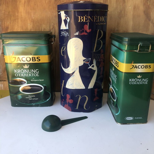 Collectible metal tins used, set of three, coffee and liqueur