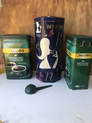 Collectible metal tins used, set of three, coffee and liqueur