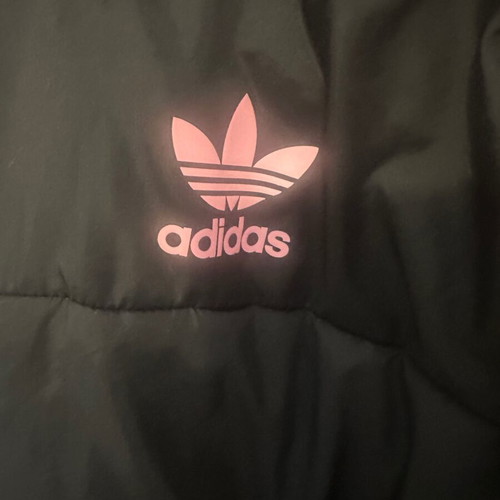 Adidas kids puffer jacket black with pink stripes like new, age 11-12