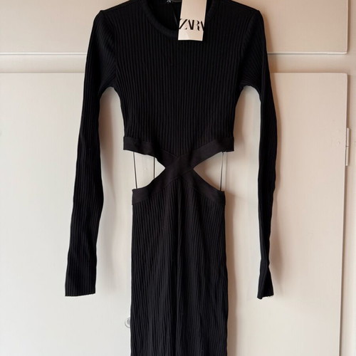 ZARA Ribbed Long Fitted Dress With Cutouts New Black