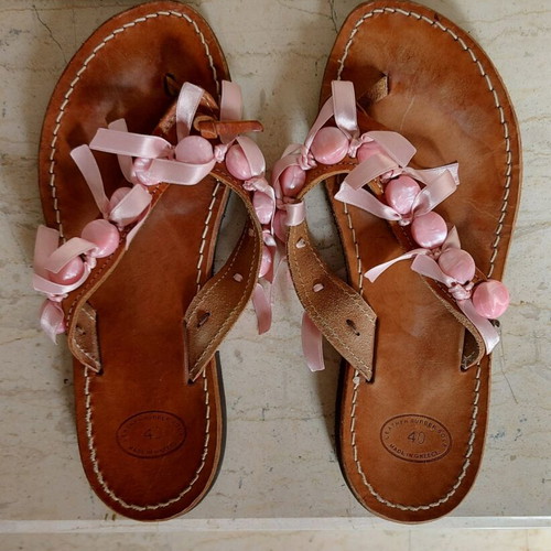 Leather sandals used, Greek made, size 40, pink with beads and ribbons