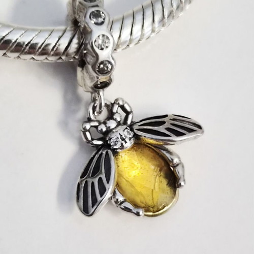 Silver bee charm with yellow crystal and zircon, new