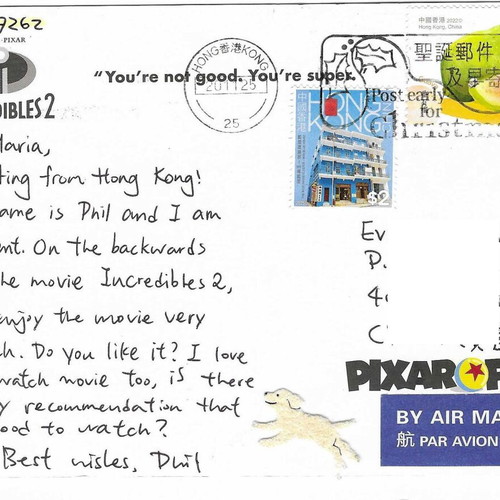 Disney the Incredibles postcard from Hong Kong to Cyprus