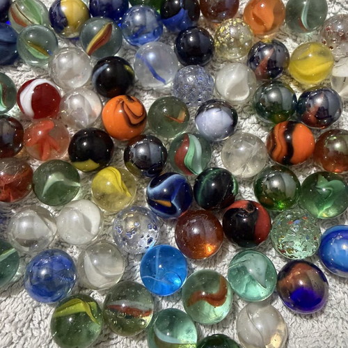 Glass marbles collection used, 83 pieces assorted colors and sizes