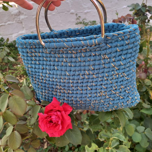 Handmade tulle bag in turquoise with gold handles