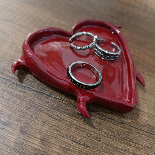 Handmade heart trinket tray with devil design, new