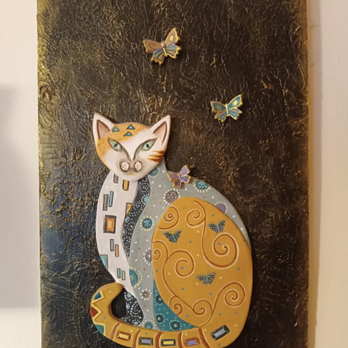 Handmade painting with Egyptian cat like new, wood