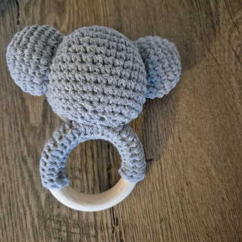 Rattle in bear shape with knitted fabric and wooden handle new