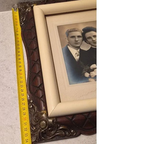 Large Vintage Photo Frame with Beautiful Wood Carving, Dark Wood