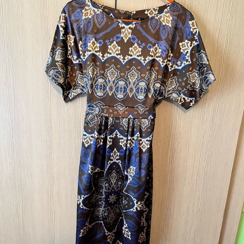 Miss Simbolo satin dress like new, blue and brown with belt