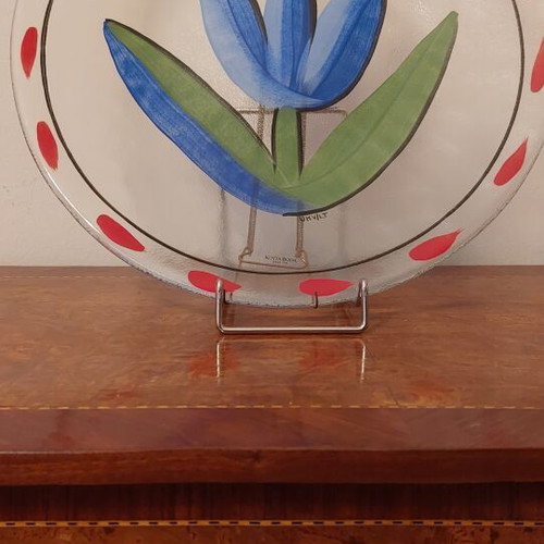 Kosta Boda Tulipa Blue Glass Platter like new, handpainted design
