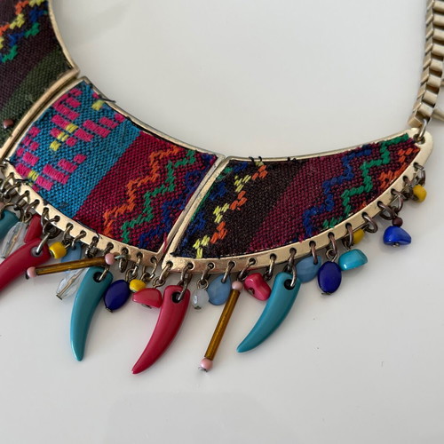 Boho Ethnic Statement Collar Necklace with Woven Fabric and Beads