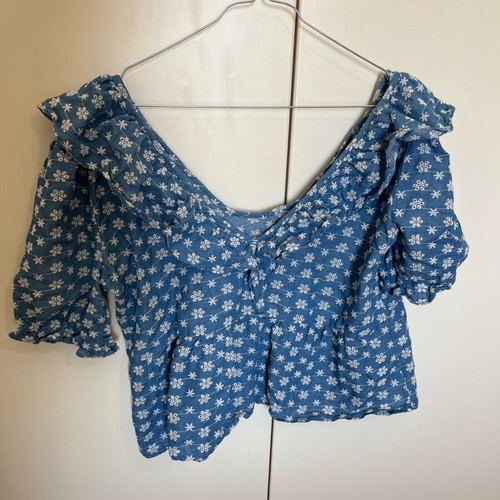 Blue denim blouse with flowers and frills on sleeves like new