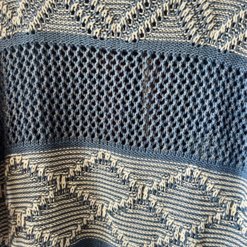 See U Soon Boho Knitted Kimono with Fringes One Size like new, blue and ecru