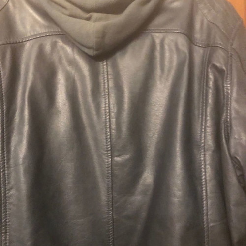 Leather jacket used with fabric hood blue XXL
