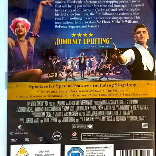 The Greatest Showman DVD musical comedy with Hugh Jackman, English subtitles