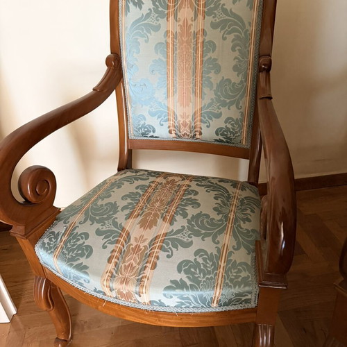Classic armchairs pair, solid cherry wood, damask upholstery