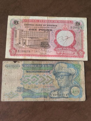 Collectible paper money used, set of 5 from Italy, Nigeria, Zaire, Yugoslavia, Russia