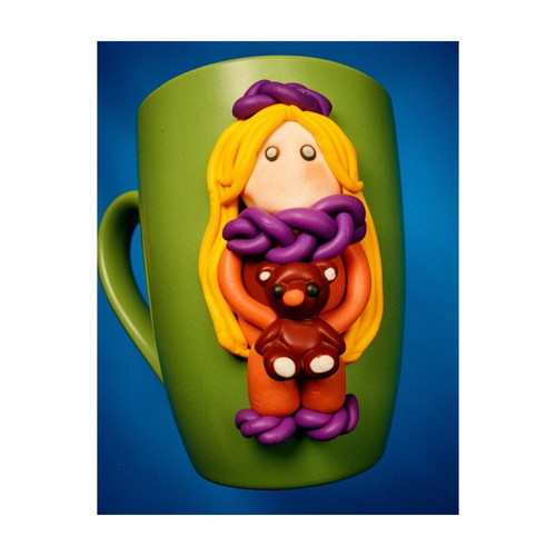 Handmade mug with girl and teddy bear