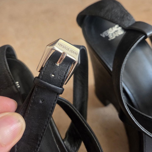 Versace Jeans Black Leather Wedge Platform Sandals like new