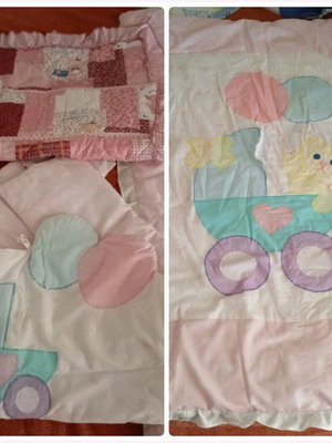 Baby bedding set with blanket, bumper, and organizer used