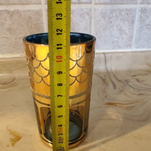 Vintage set of 6 tall glasses with gold patina and embossed designs, Made in Corea